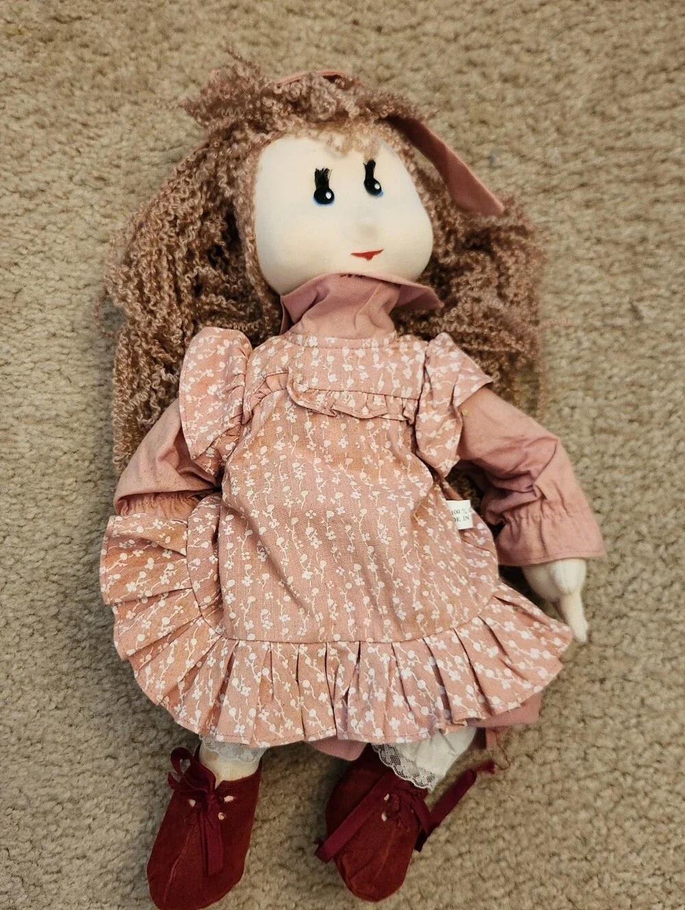 Made In Thailand 100% Cotton Doll Curly Brown Hair Pink Dress Bow Blue‎ Eyes 15
